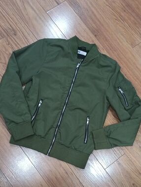 H&M Olive Green Kids Bomber Jacket with Silver Zippers